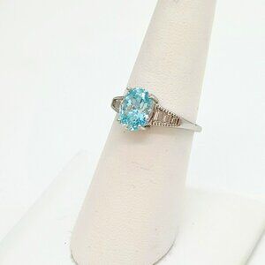 IBB 925 Light Blue Ring 7 Sterling Silver Solitaire with Clear Baguettes